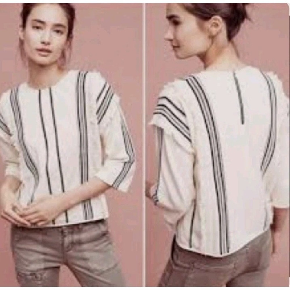 Anthropologie Eri + Ali Womens Top Small Cream Santillana Boxy Fringe Stripes